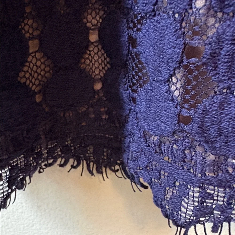 Navy open weave a-line dress with cream lining. Fringe details on sleeves/hem. - Picture 5 of 7